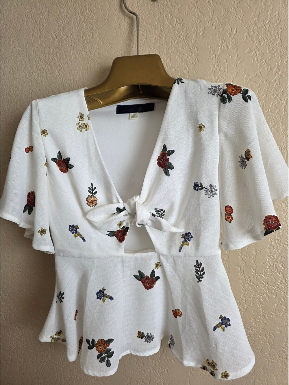 Blue Rain White Floral Tie-Front Peplum Blouse XS, Boho-Chic